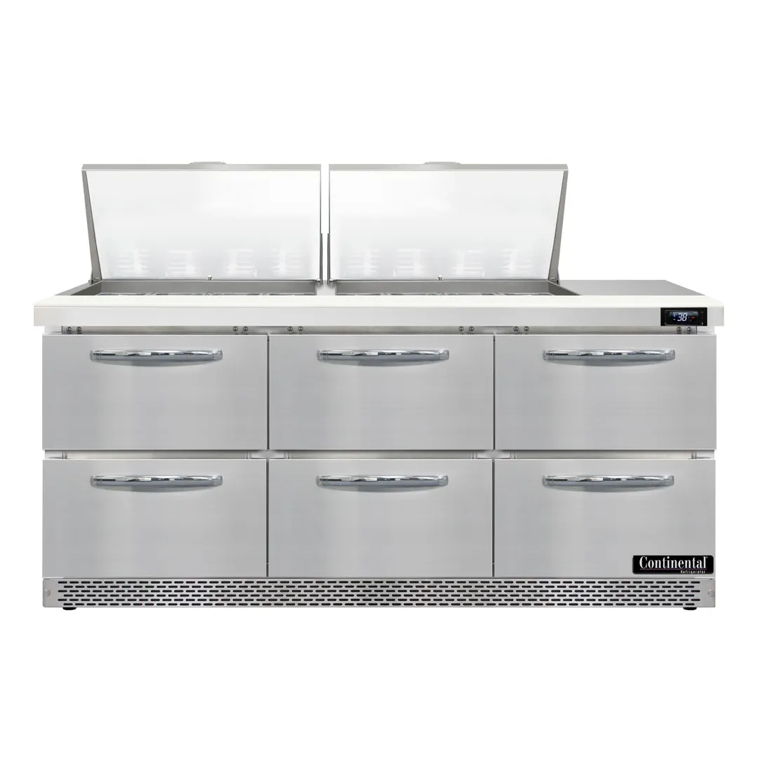 Continental Refrigerator SW72N24M-FB-D 72" Mega Top Sandwich Prep Table w/ 6 Drawers, 24 pans