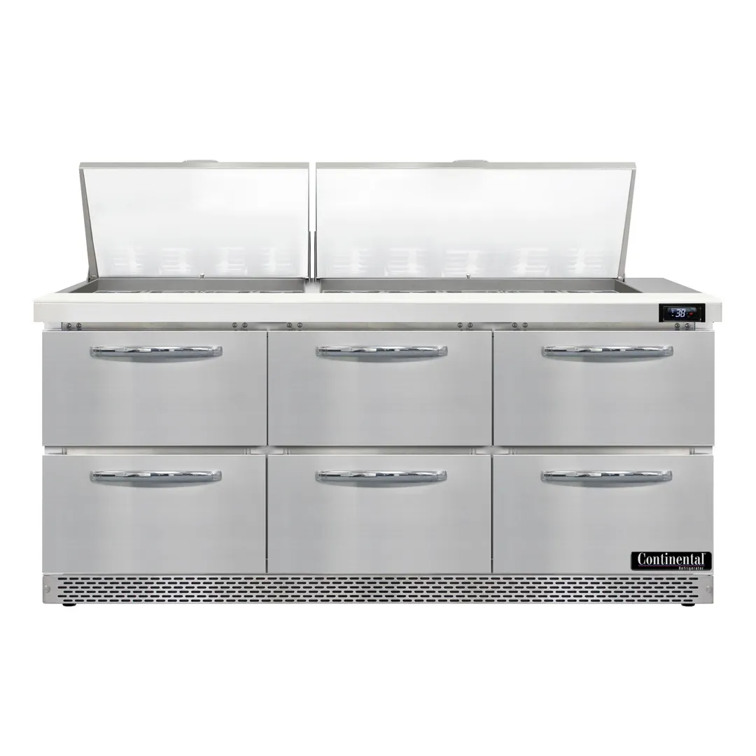 Continental Refrigerator SW72N27M-FB-D 72" Mega Top Sandwich Prep Table w/ 6 Drawers, 27 pans