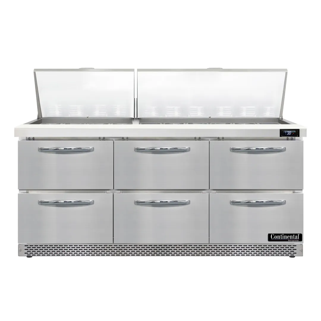 Continental Refrigerator SW72N30M-FB-D 72" Mega Top Sandwich Prep Table w/ 6 Drawers, 30 pans
