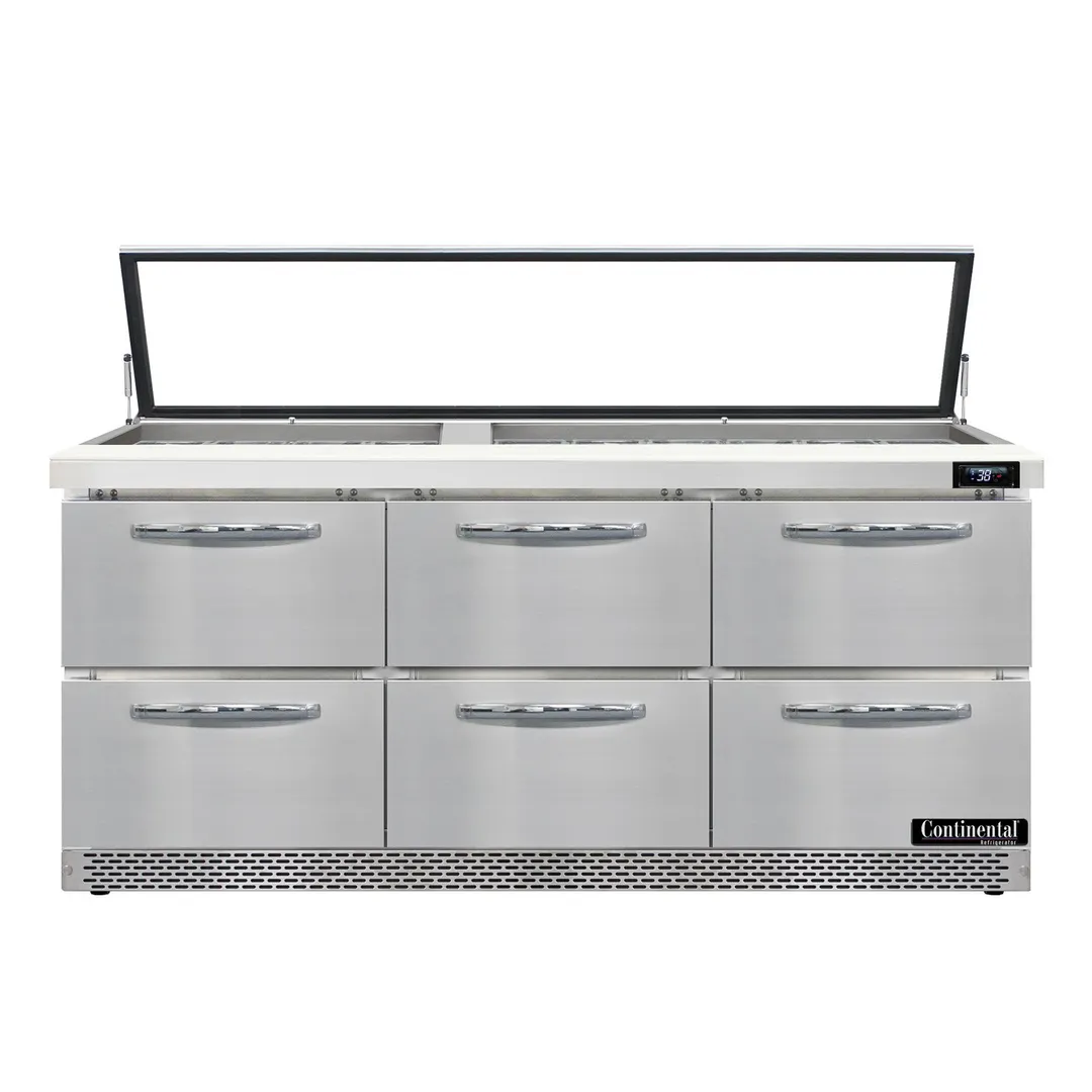 Continental Refrigerator SW72N30M-HGL-FB-D 72" Mega Top Sandwich Prep Table w/ 6 Drawers, 30 pans