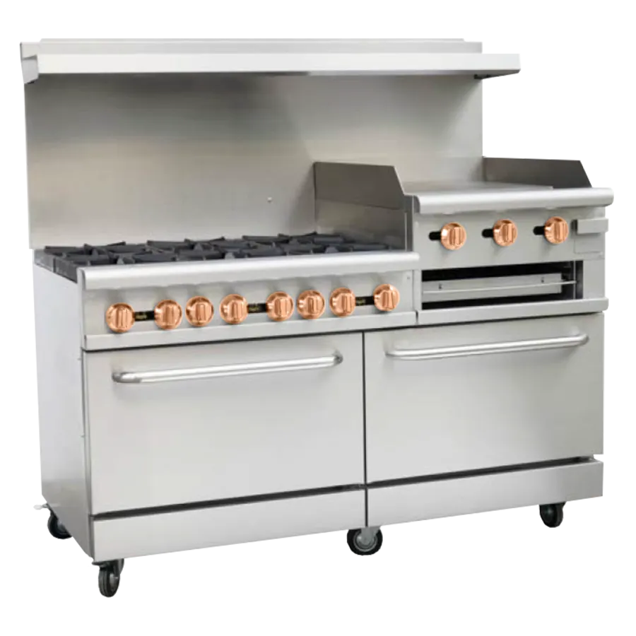 Copper Beech Range CBR-60-RG24 60" Gas Restaurant Range w/ (6) Open Burners, 24" Raised Griddle, (2) Standard Ovens, 278.000 BTU 