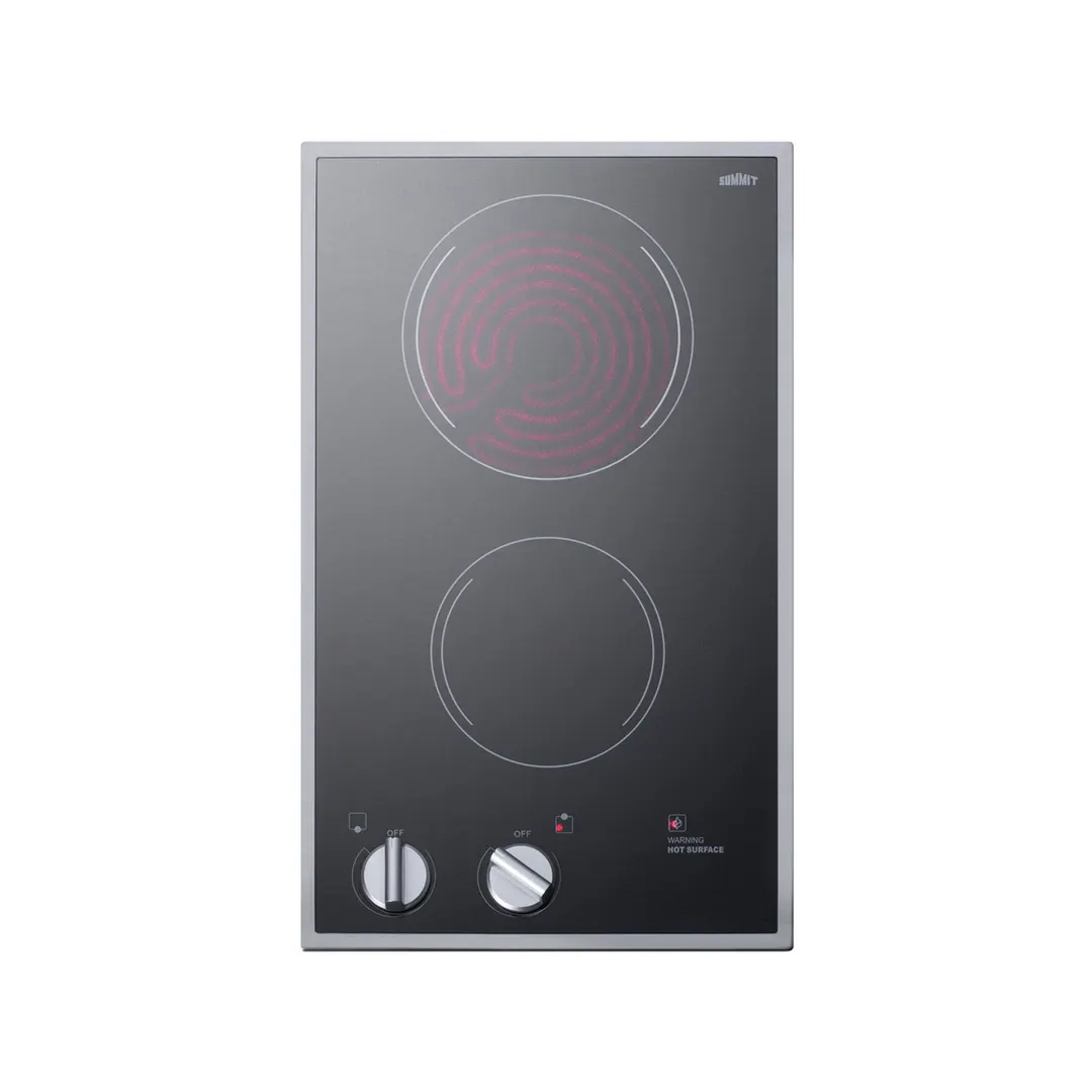 Summit CR2B12ST 12" Electric Radiant Cooktop w/ (2) Burners, Black Ceramic Glass and Stainless Steel Frame, 1.4 kW, 115v