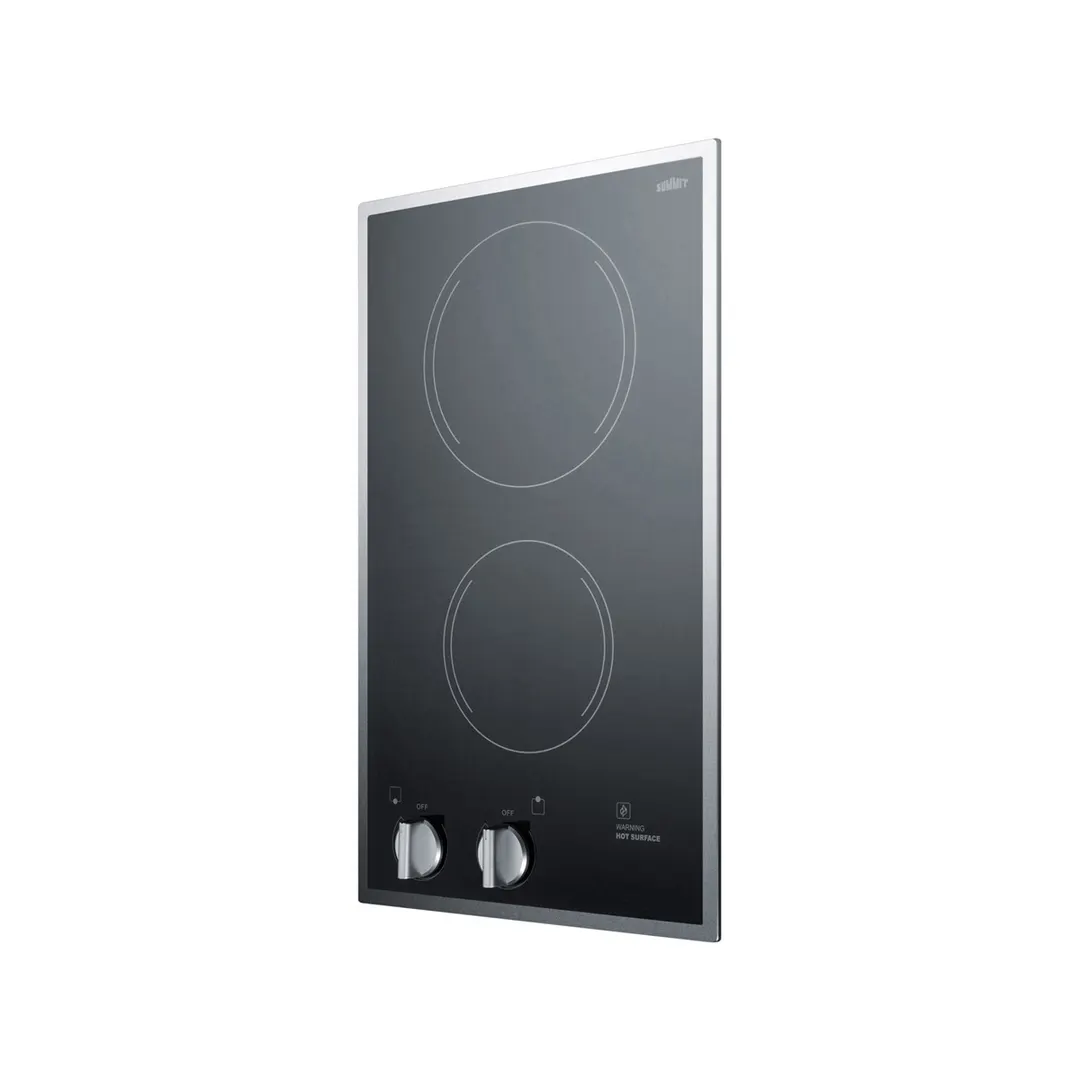 Summit CR2B12ST 12" Electric Radiant Cooktop w/ (2) Burners, Black Ceramic Glass and Stainless Steel Frame, 1.4 kW, 115v