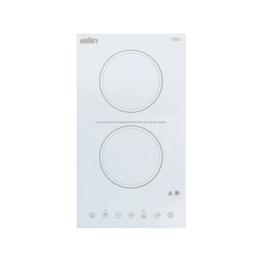 Summit CR2B15T2W 12" Electric Radiant Cooktop w/ (2) Burners, White Ceramic Glass, Digital Controls, 2.4 kW, 115v