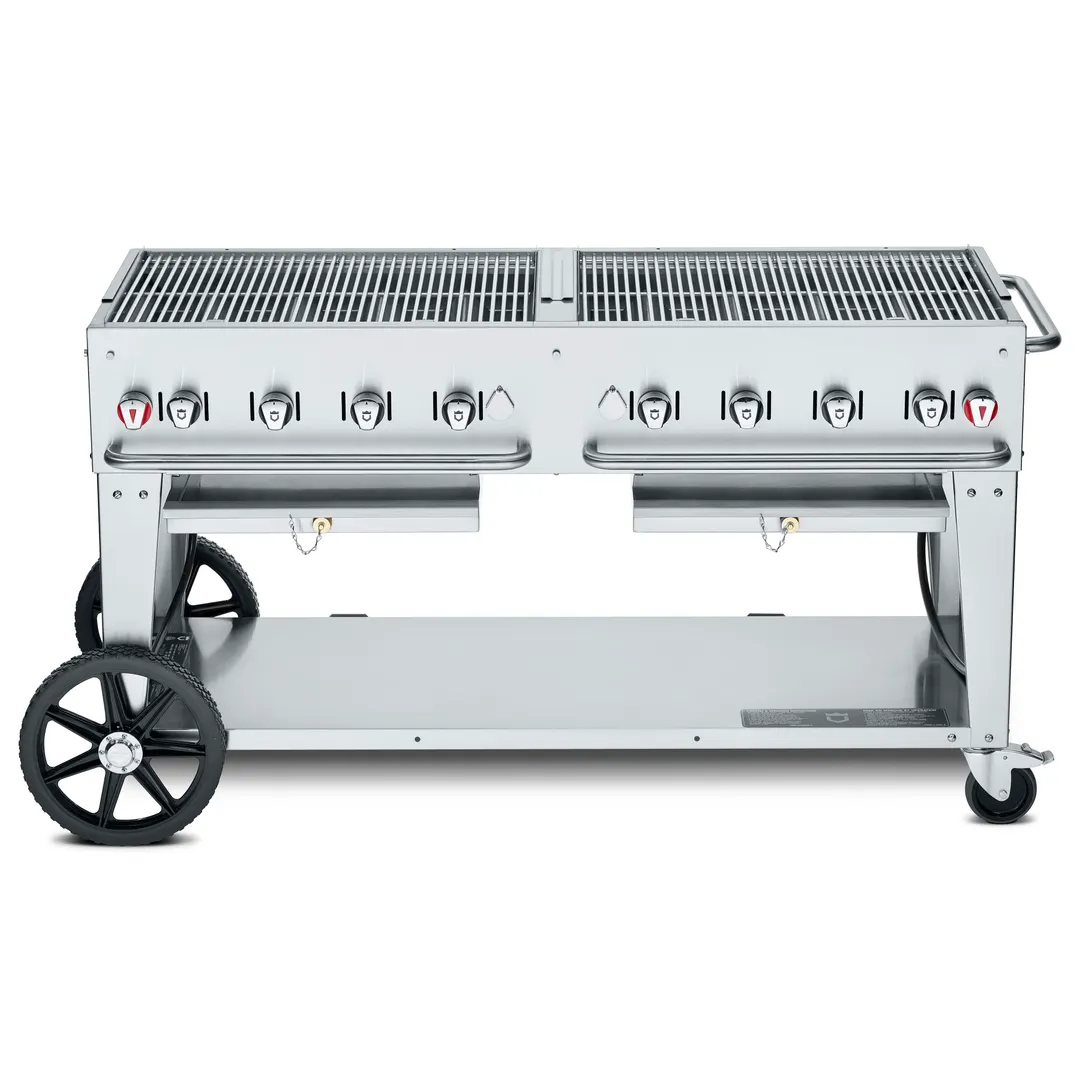 Crown Verity CV-MCB-60 60" LP Gas Mobile Outdoor BBQ Grill/Charbroiler w/ 8 Burners, 129.000 BTU
