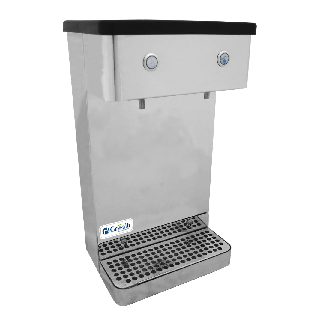 Crysalli CM-2PB Water Tower, 2 Push‑Button Valves, 12" Clearance, Finish, NEMA 5‑15P, NSF, Made USA