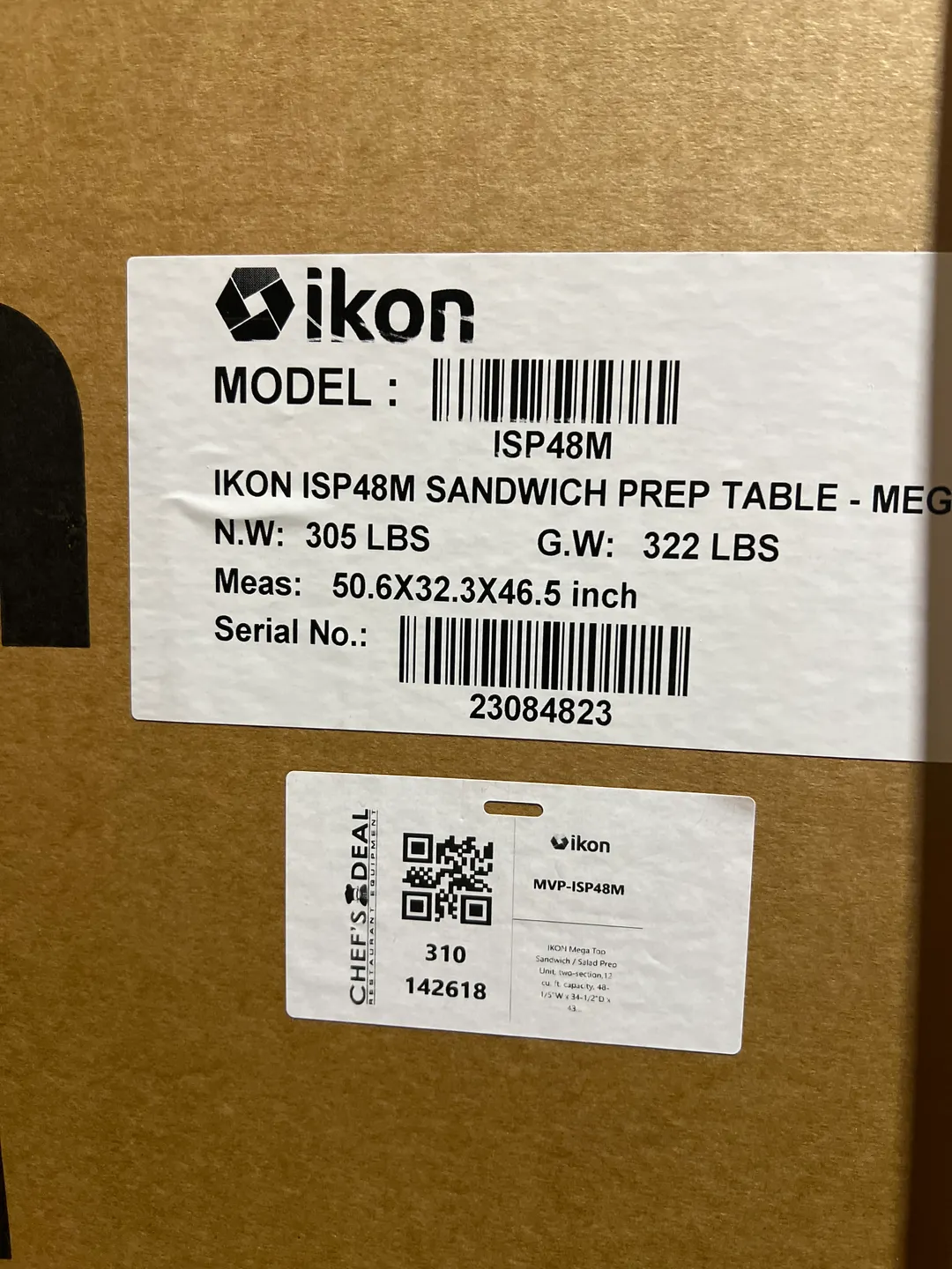 IKON ISP48M 48" Two Section Mega Top Sandwich/Salad Prep Table w/ 2 Solid Doors, 18 Pans, 12 cu. ft. - Open box
