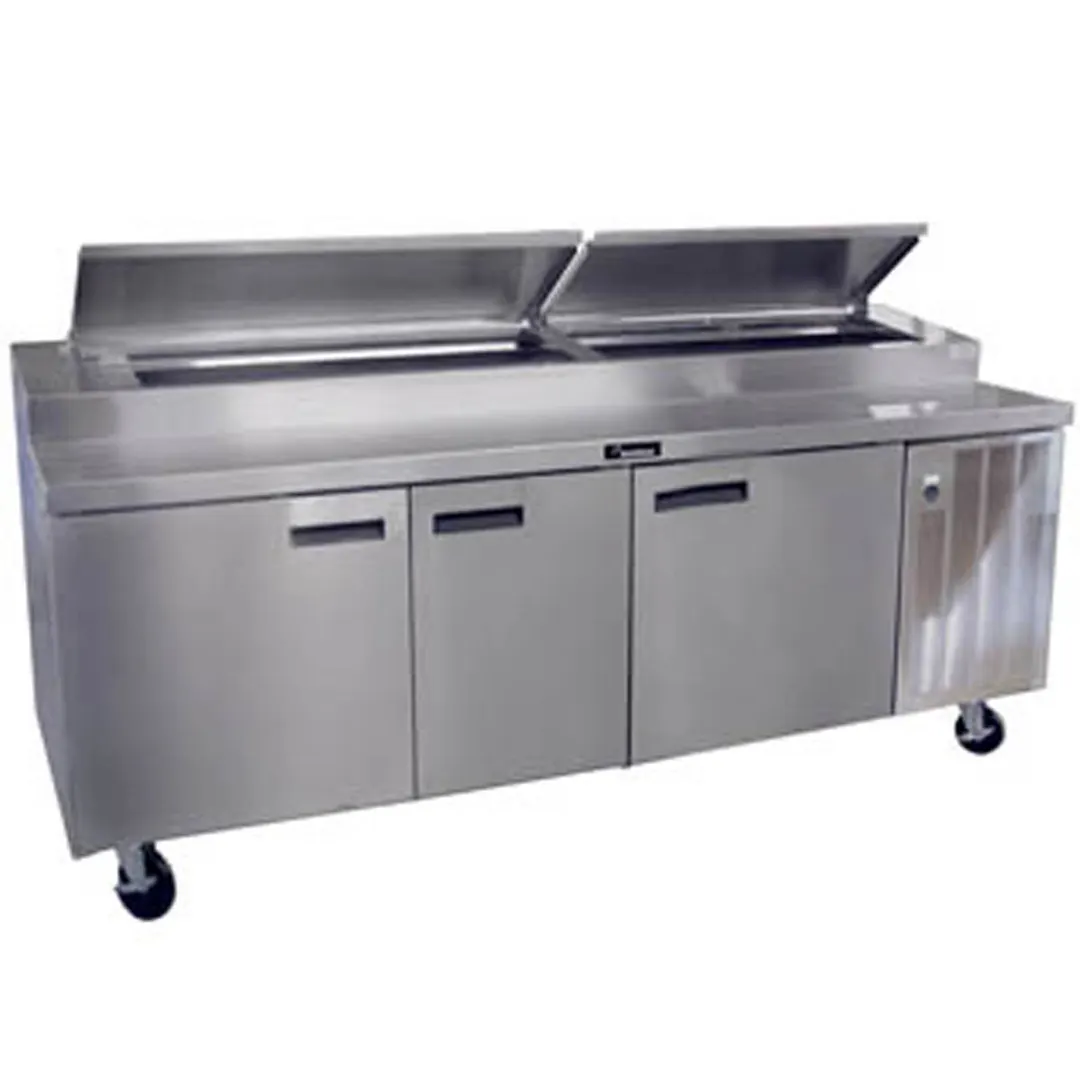 Delfield 18699PTBMP 99" 3-Section Refrigerated Pizza Prep Table w/ 3 Doors, (12) 1/3 Size Pan