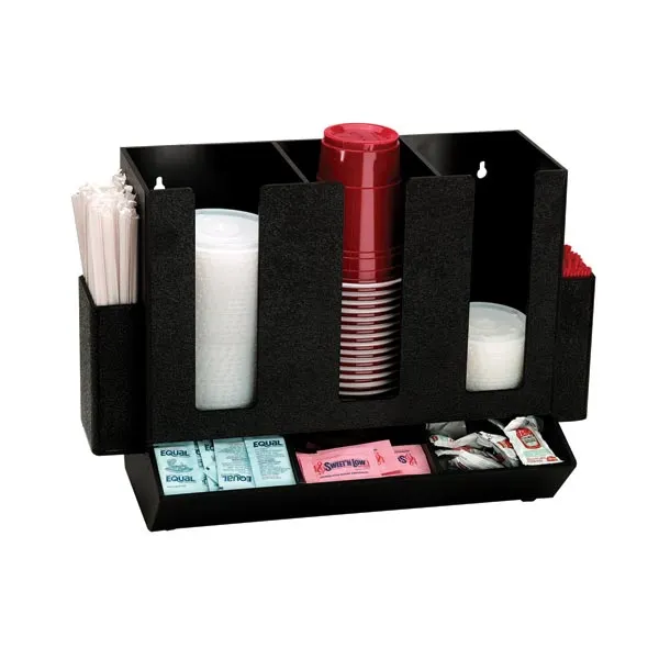 Dispense‑Rite HLCO‑3BT 8‑Sec Cup, Lid, Straw Organizer, 11‑3/4"H x 17"W x 7‑1/2"D, Black Polystyrene