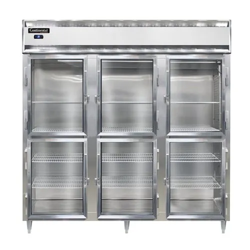 Continental Refrigerator D3RNGDHD 78" 3-Section Reach-In Refrigerator w/ 6 Glass Half Doors, Stainless Steel Front Aluminum Exterior, 72 cu. ft.
