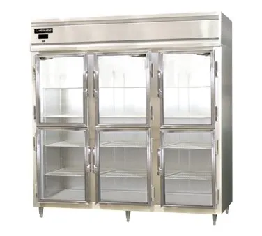 Continental Refrigerator D3RNSSGDHD 78" 3-Section Reach-In Refrigerator w/ 6 Glass Half Doors, All Stainless Steel, 72 cu. ft.