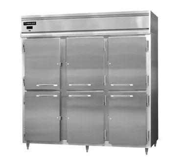 Continental Refrigerator D3RNSSHD 78" 3-Section Reach-In Refrigerator w/ 6 Solid Half Doors, All Stainless Steel, 72 cu. ft.