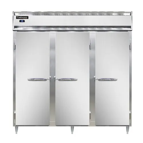 Continental Refrigerator D3RN 78" 3-Section Reach-In Refrigerator w/ 3 Solid Doors, Stainless Steel Front Aluminum Exterior, 72 cu. ft.