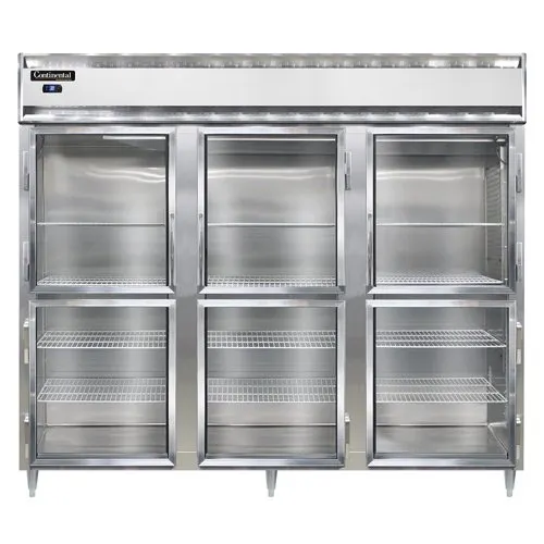 Continental Refrigerator D3RENGDHD 85" 3-Section Reach-In Refrigerator w/ 6 Glass Half Doors, Stainless Steel Front Aluminum Exterior, 75 cu. ft.