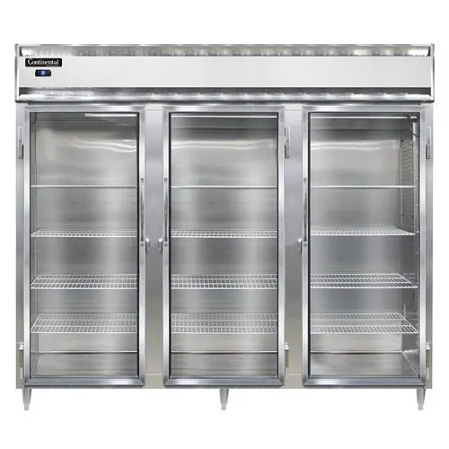 Continental Refrigerator D3RENGD 85" 3-Section Reach-In Refrigerator w/ 3 Glass Doors, Stainless Steel Front Aluminum Exterior, 75 cu. ft.