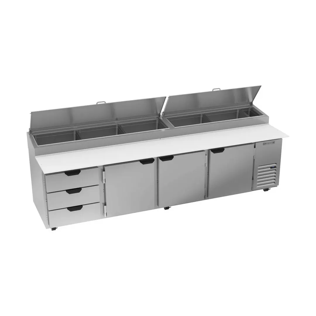 Beverage-Air DPD119HC-3 119" 4-Section Refrigerated Pizza Prep Table w/ 3 Doors & 3 Drawers
