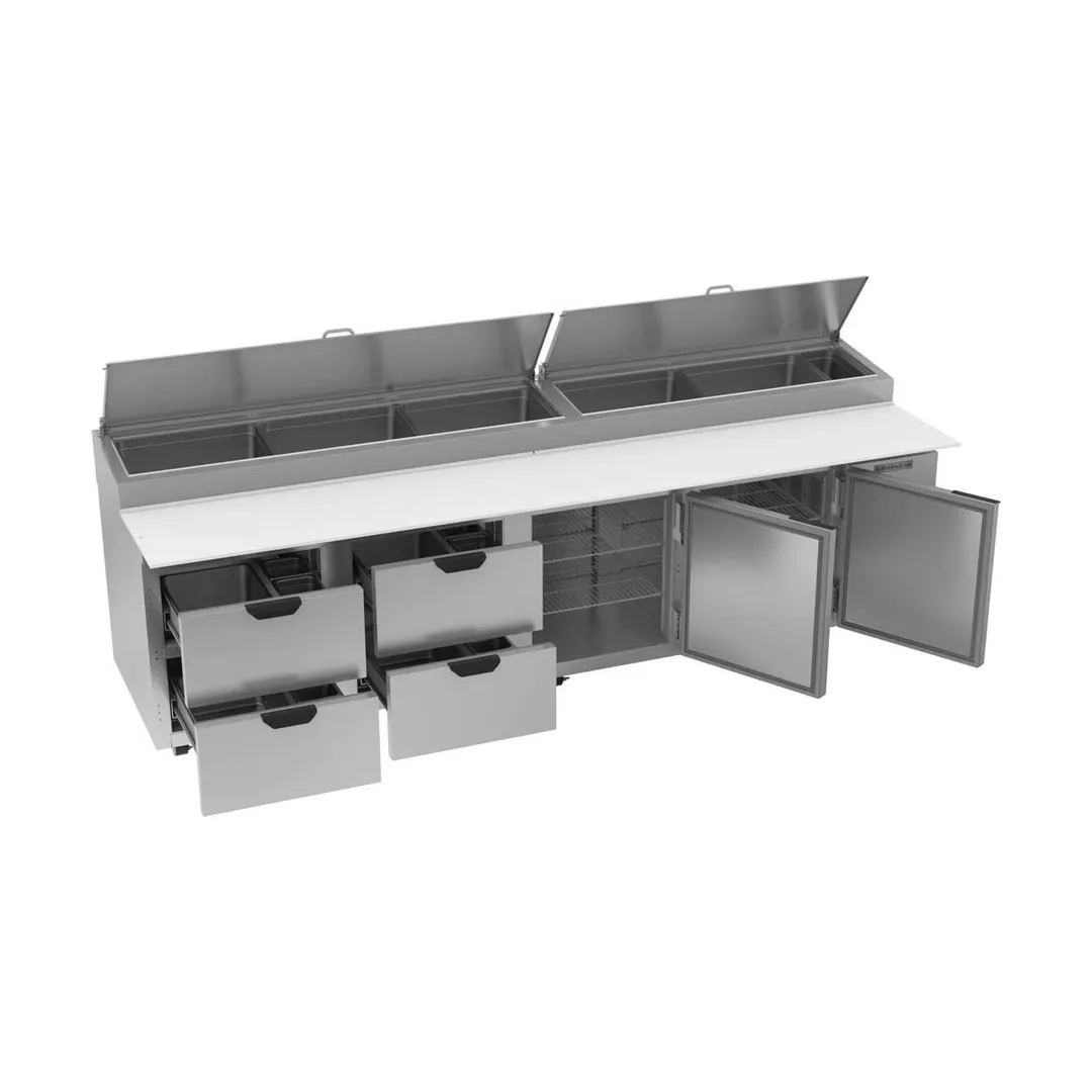 Beverage-Air DPD119HC-4 119" 4-Section Refrigerated Pizza Prep Table w/ 2 Doors & 4 Drawers