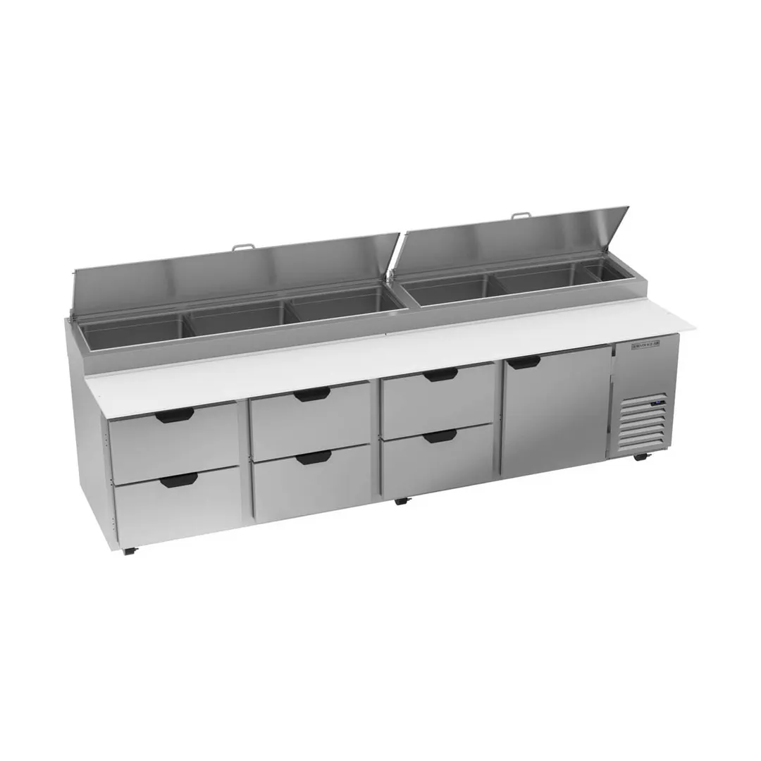 Beverage-Air DPD119HC-6 119" 4-Section Refrigerated Pizza Prep Table w/ 1 Door & 6 Drawers