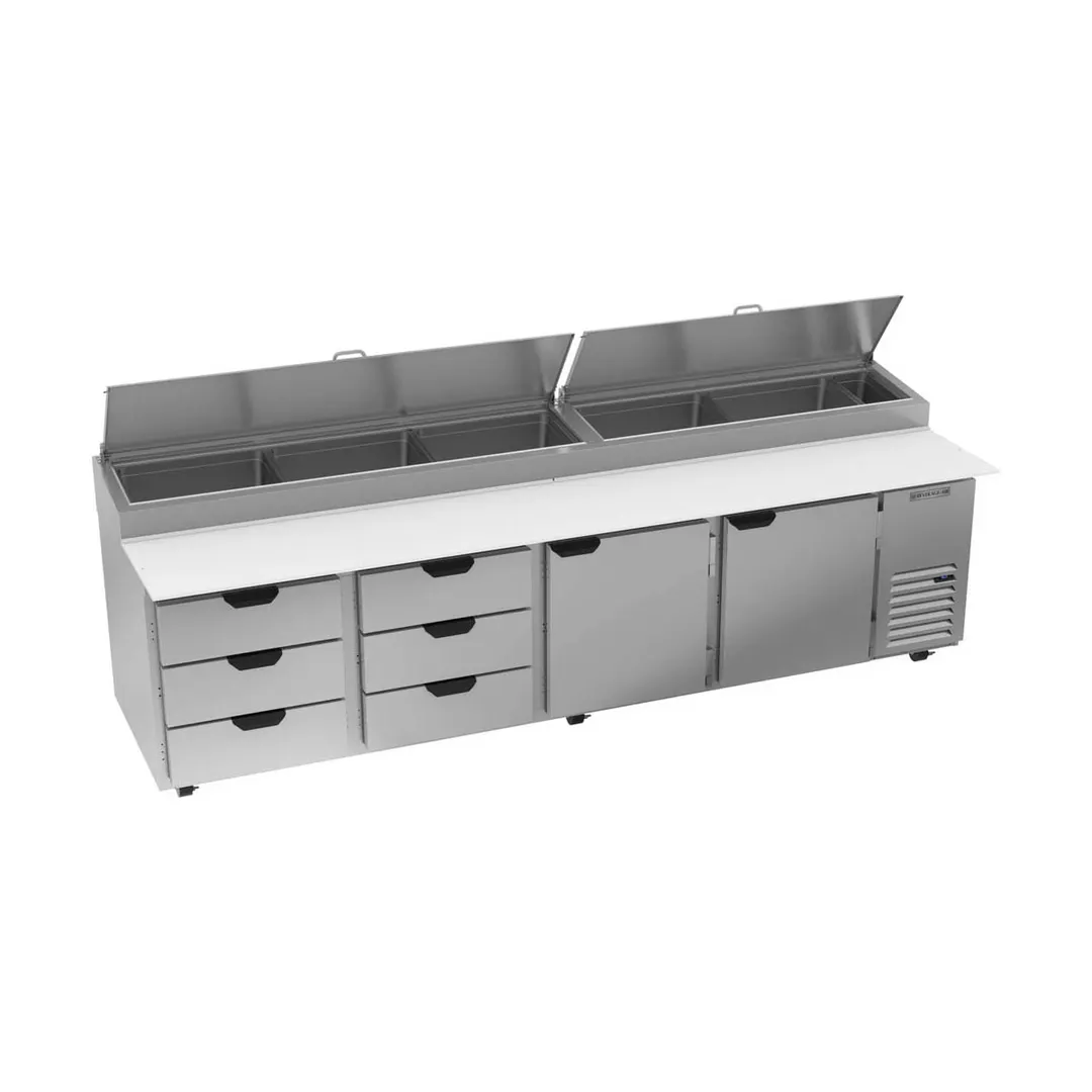 Beverage-Air DPD119HC-6T 119" 4-Section Refrigerated Pizza Prep Table w/ 2 Doors & 6 Drawers
