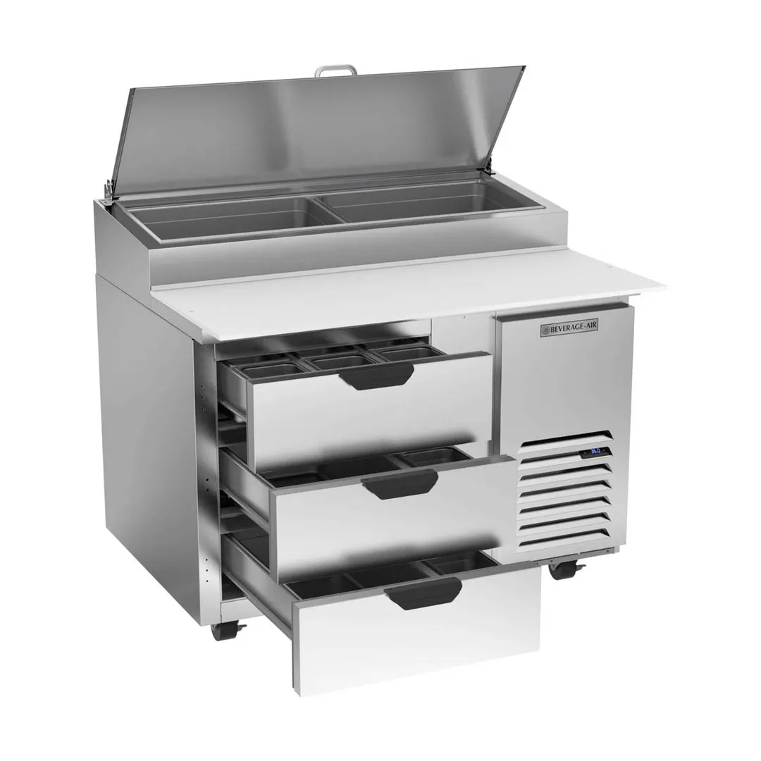 Beverage Air DPD46HC-3 46" 1-Section Refrigerated Pizza Prep Table w/ 3 Drawers, 12 cu. ft.