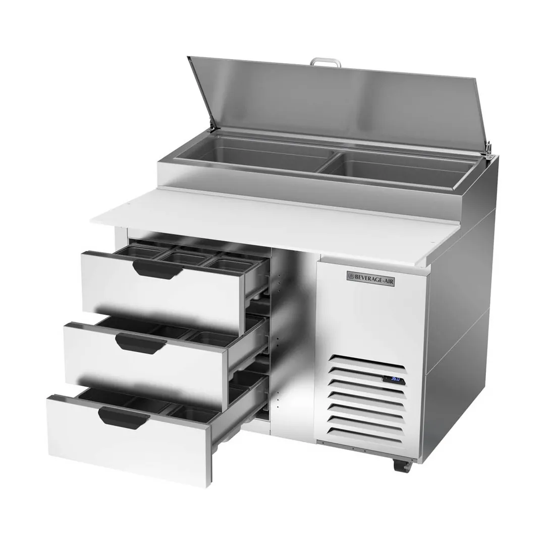 Beverage Air DPD46HC-3 46" 1-Section Refrigerated Pizza Prep Table w/ 3 Drawers, 12 cu. ft.