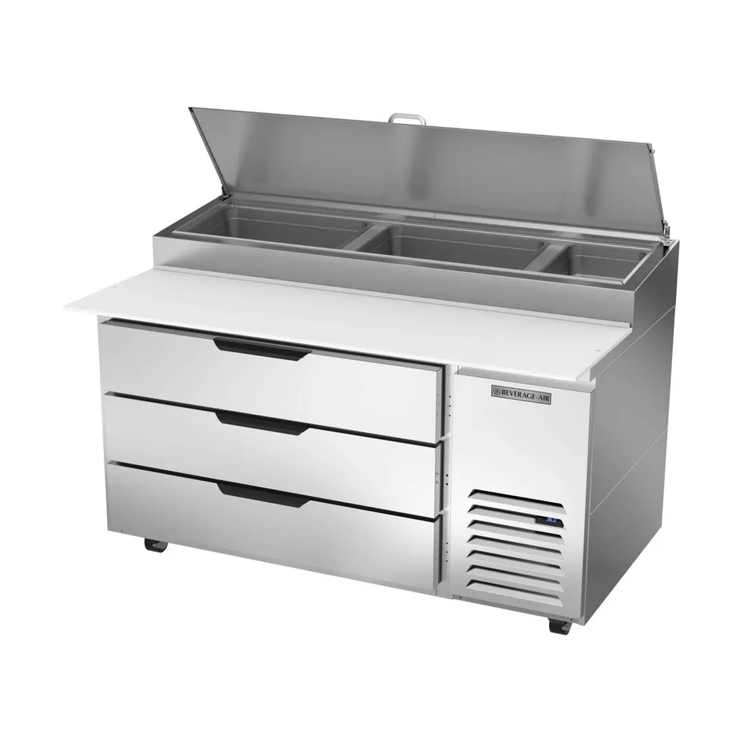 Beverage Air DPD60HC-3 60" 1-Section Refrigerated Pizza Prep Table w/ 3 Drawers, 12 cu. ft.