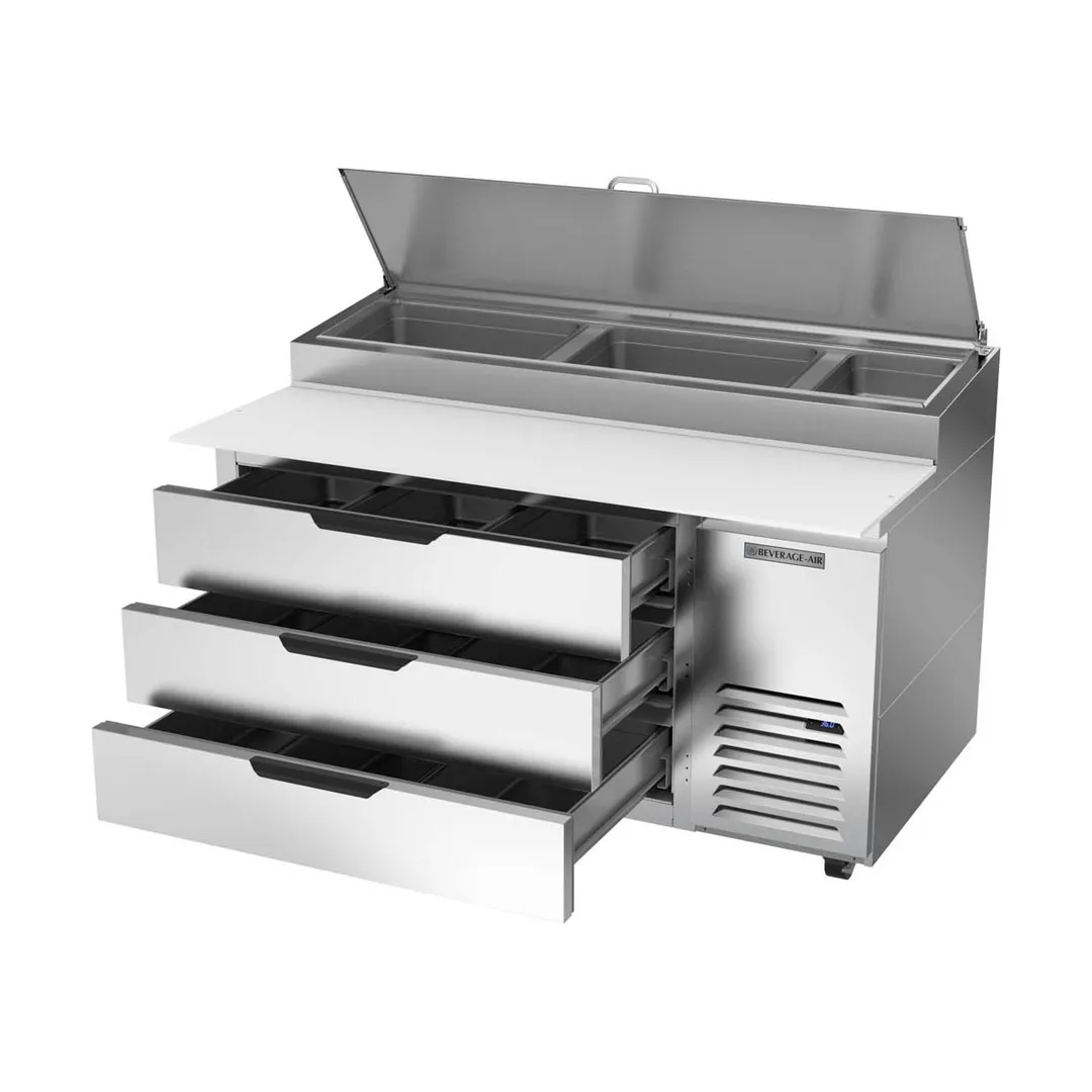 Beverage Air DPD60HC-3 60" 1-Section Refrigerated Pizza Prep Table w/ 3 Drawers, 12 cu. ft.