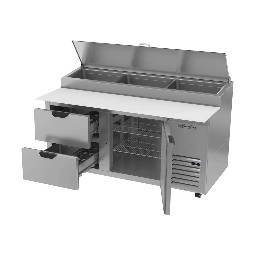 Beverage-Air DPD67HC-2 67" 2-Section Refrigerated Pizza Prep Table w/ 1 Door & 2 Drawers