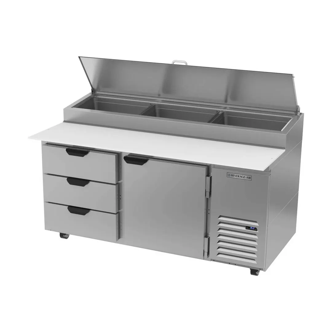 Beverage Air DPD67HC-3 67" 2-Section Refrigerated Pizza Prep Table w/ 1 Door & 3 Drawers