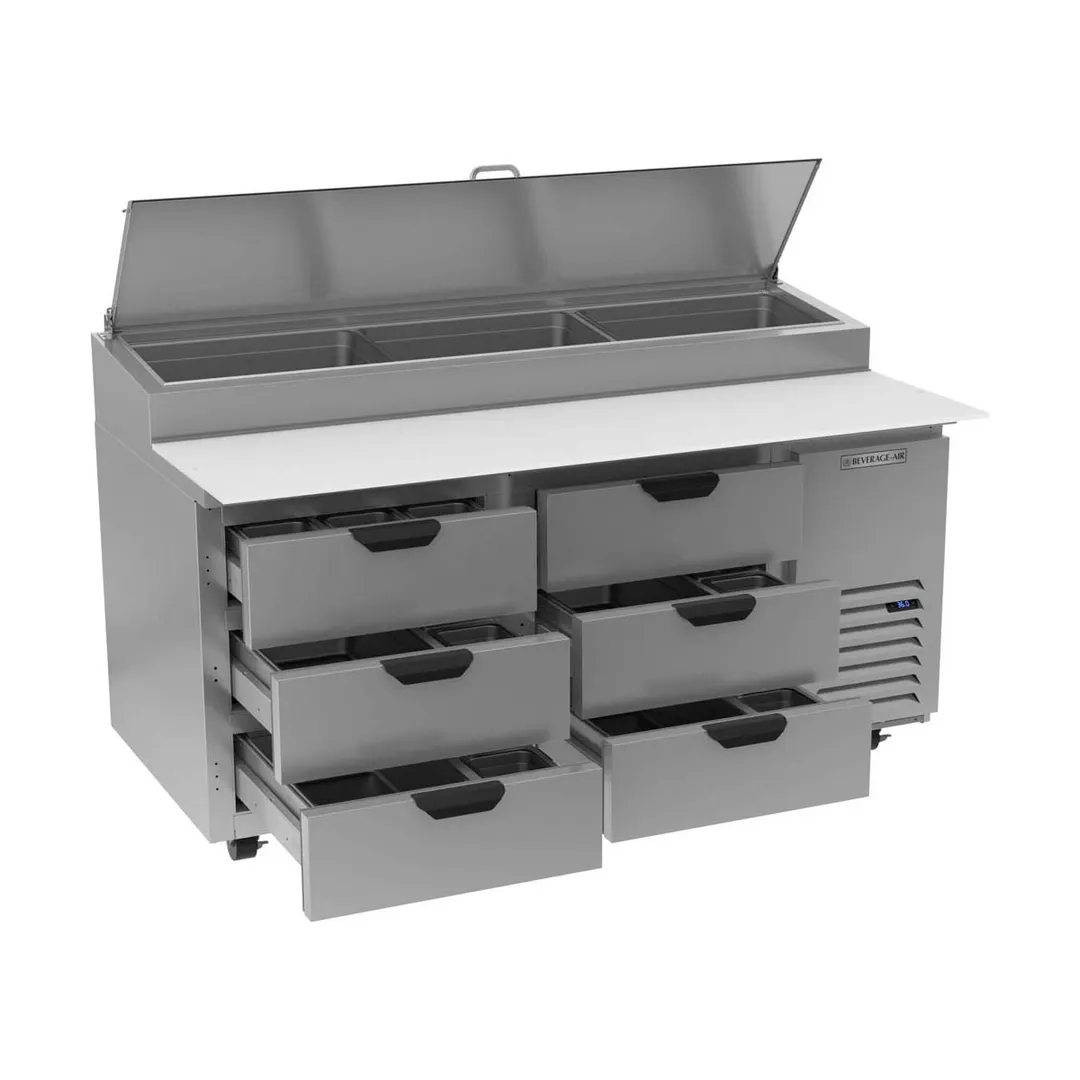 Beverage Air DPD67HC-6 67" 2-Section Refrigerated Pizza Prep Table w/ 6 Drawers, 20.7 cu. ft.
