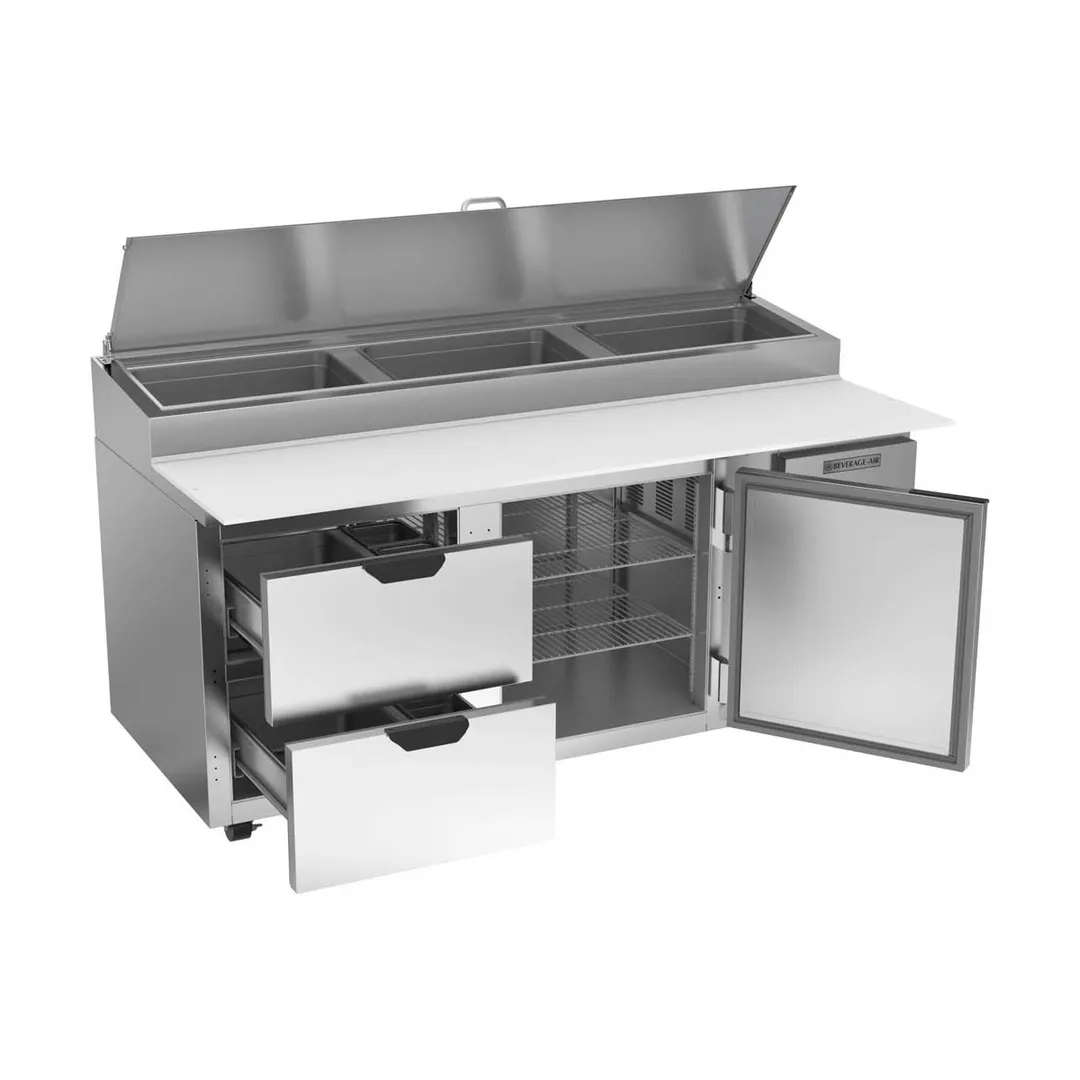 Beverage Air DPD72HC-2 72" 2-Section Refrigerated Pizza Prep Table w/ 1 Door & 2 Drawers