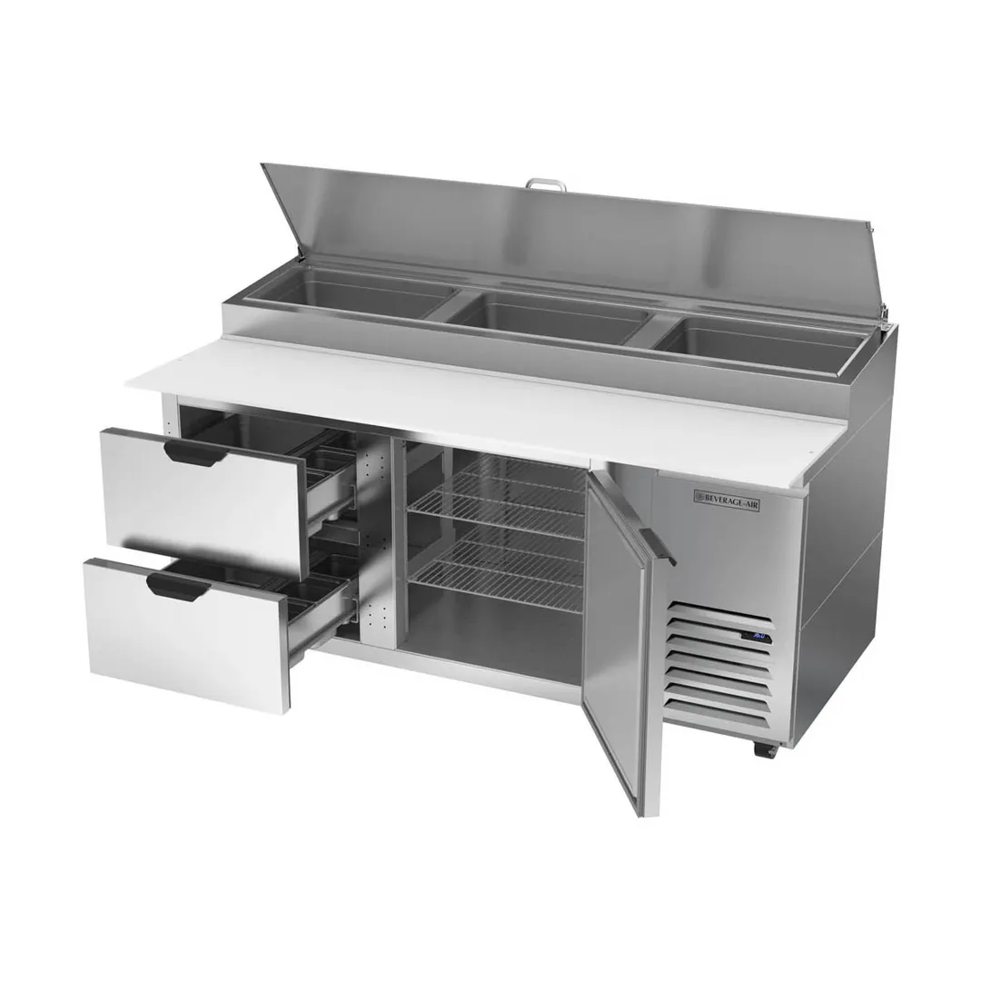 Beverage Air DPD72HC-2 72" 2-Section Refrigerated Pizza Prep Table w/ 1 Door & 2 Drawers