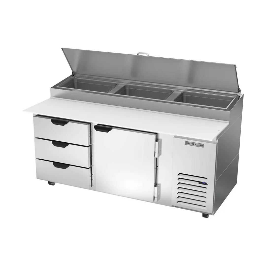 Beverage Air DPD72HC-3 72" 2-Section Refrigerated Pizza Prep Table w/ 1 Door & 3 Drawers