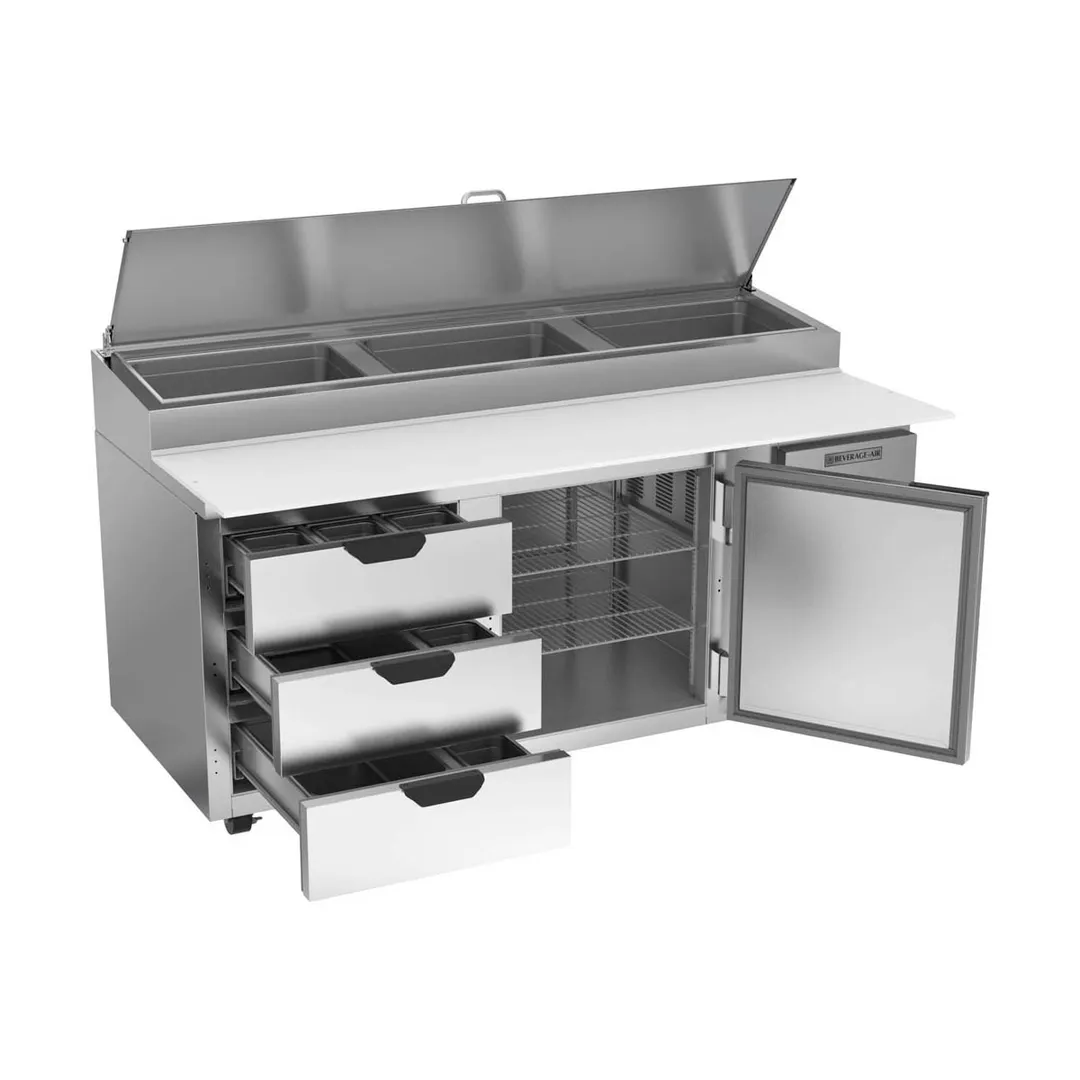 Beverage Air DPD72HC-3 72" 2-Section Refrigerated Pizza Prep Table w/ 1 Door & 3 Drawers