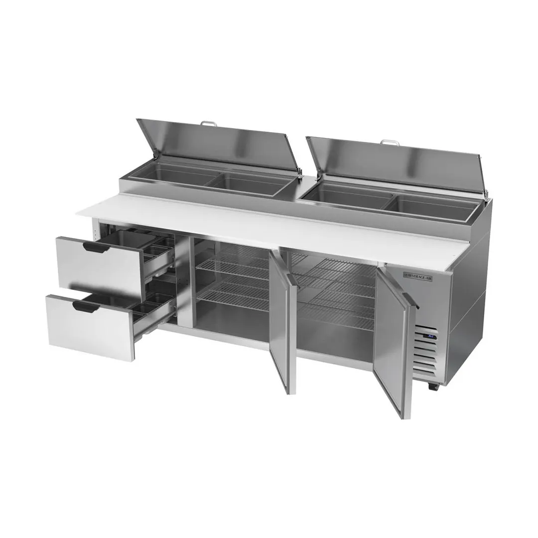 Beverage Air DPD93HC-2 93" 3-Section Refrigerated Pizza Prep Table w/ 2 Doors & 2 Drawers