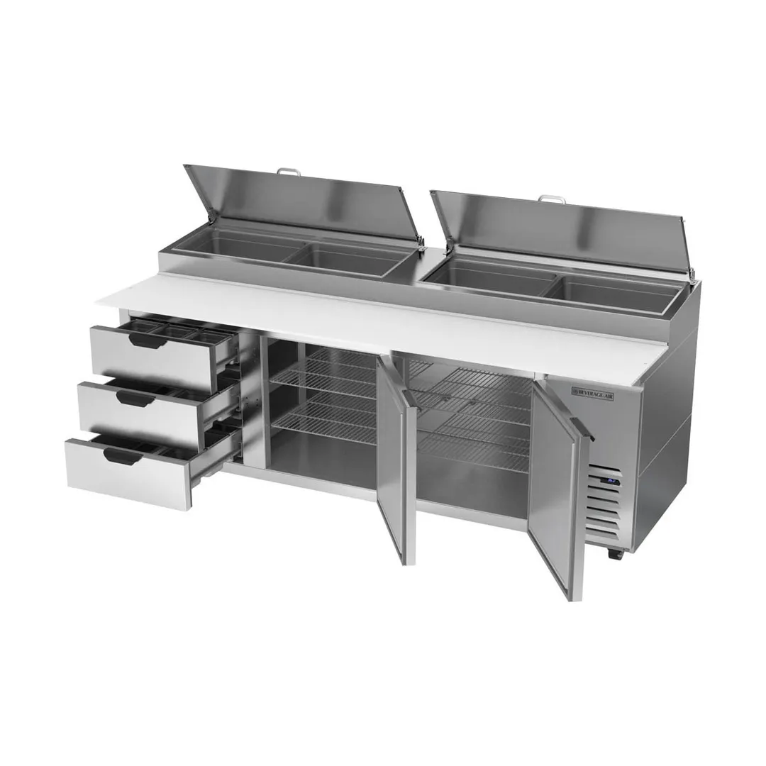 Beverage Air DPD93HC-3 93" 3-Section Refrigerated Pizza Prep Table w/ 2 Doors & 3 Drawers