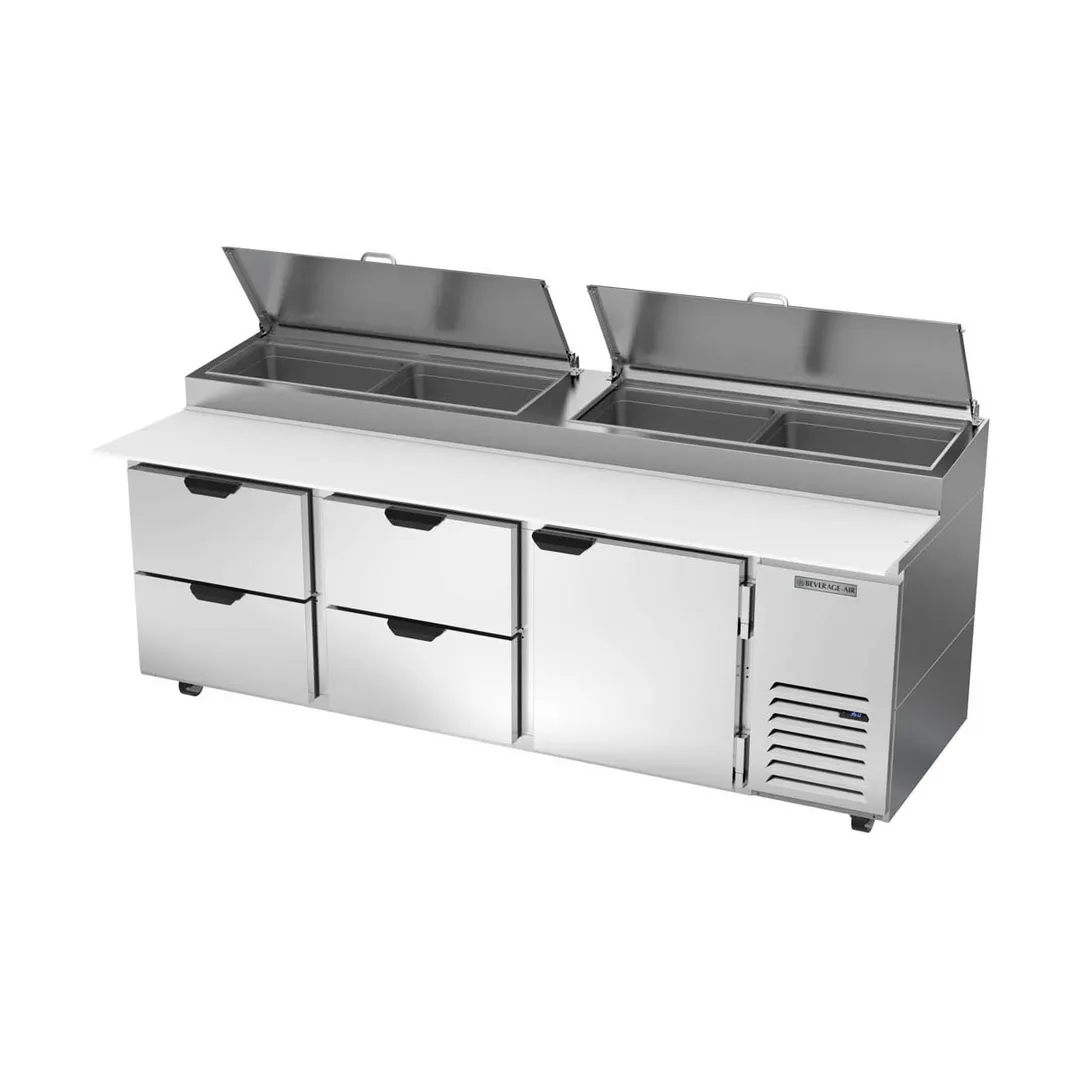 Beverage Air DPD93HC-4 93" 3-Section Refrigerated Pizza Prep Table w/ 1 Door & 4 Drawers