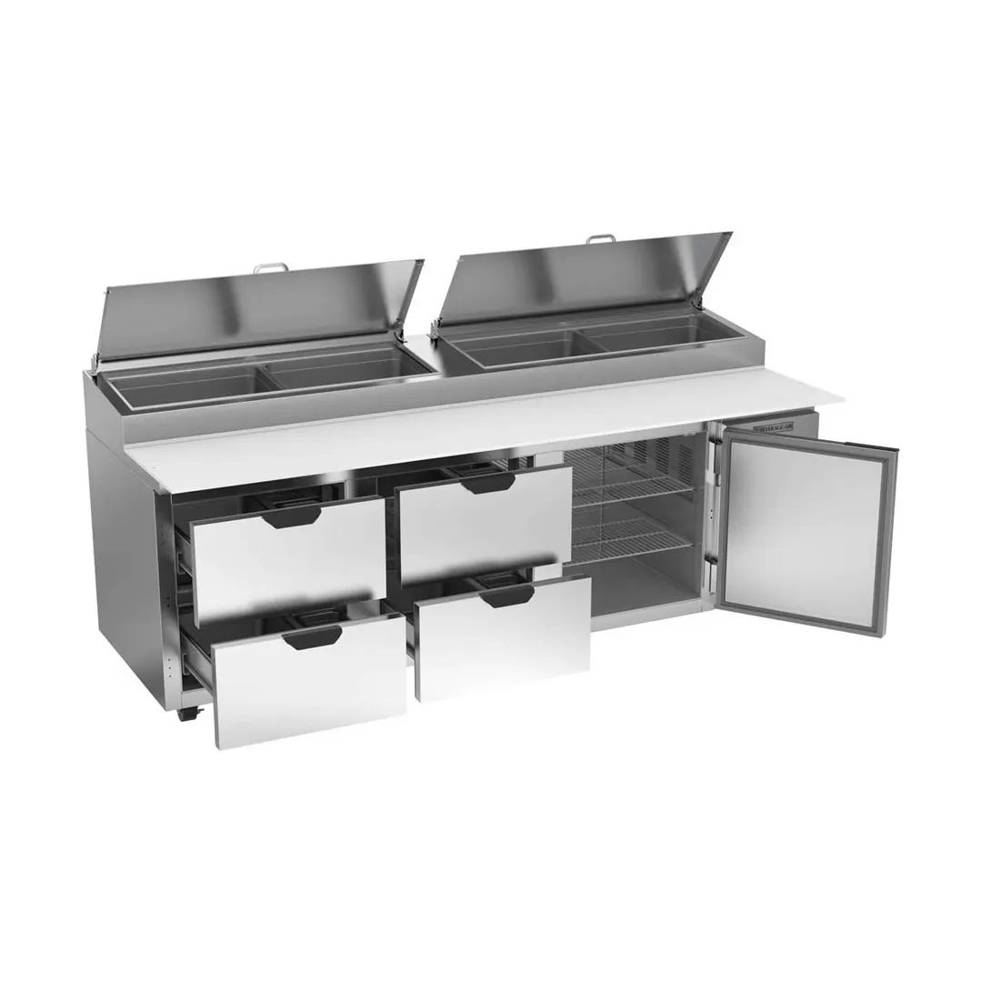 Beverage Air DPD93HC-4 93" 3-Section Refrigerated Pizza Prep Table w/ 1 Door & 4 Drawers