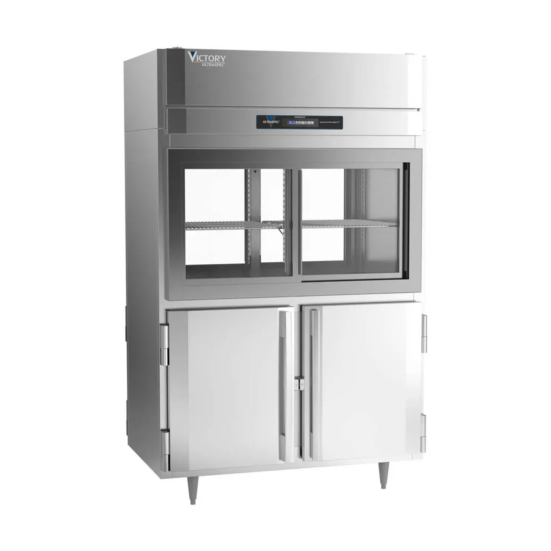 Victory DRS-2D-S1-PT-HD-HC 52" 2-Section Pass-Thru Refrigerator, 4 Glass Sliding & 4 Solid Hinged Half Doors, Stainless Steel, 48.5 cu ft