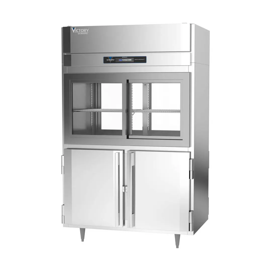Victory DRS-2D-S1-PT-HD-HC 52" 2-Section Pass-Thru Refrigerator, 4 Glass Sliding & 4 Solid Hinged Half Doors, Stainless Steel, 48.5 cu ft