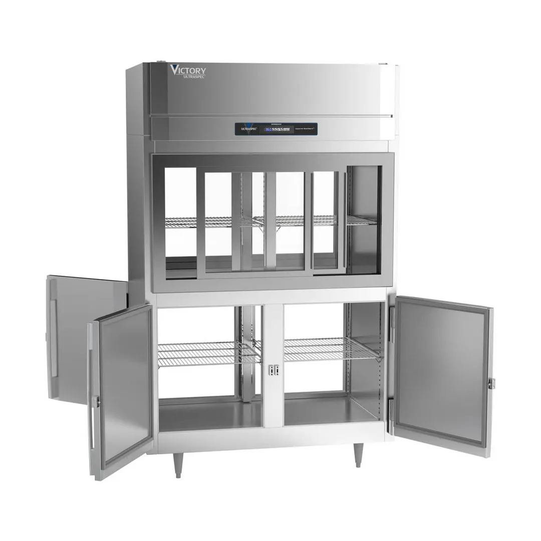Victory DRS-2D-S1-PT-HD-HC 52" 2-Section Pass-Thru Refrigerator, 4 Glass Sliding & 4 Solid Hinged Half Doors, Stainless Steel, 48.5 cu ft