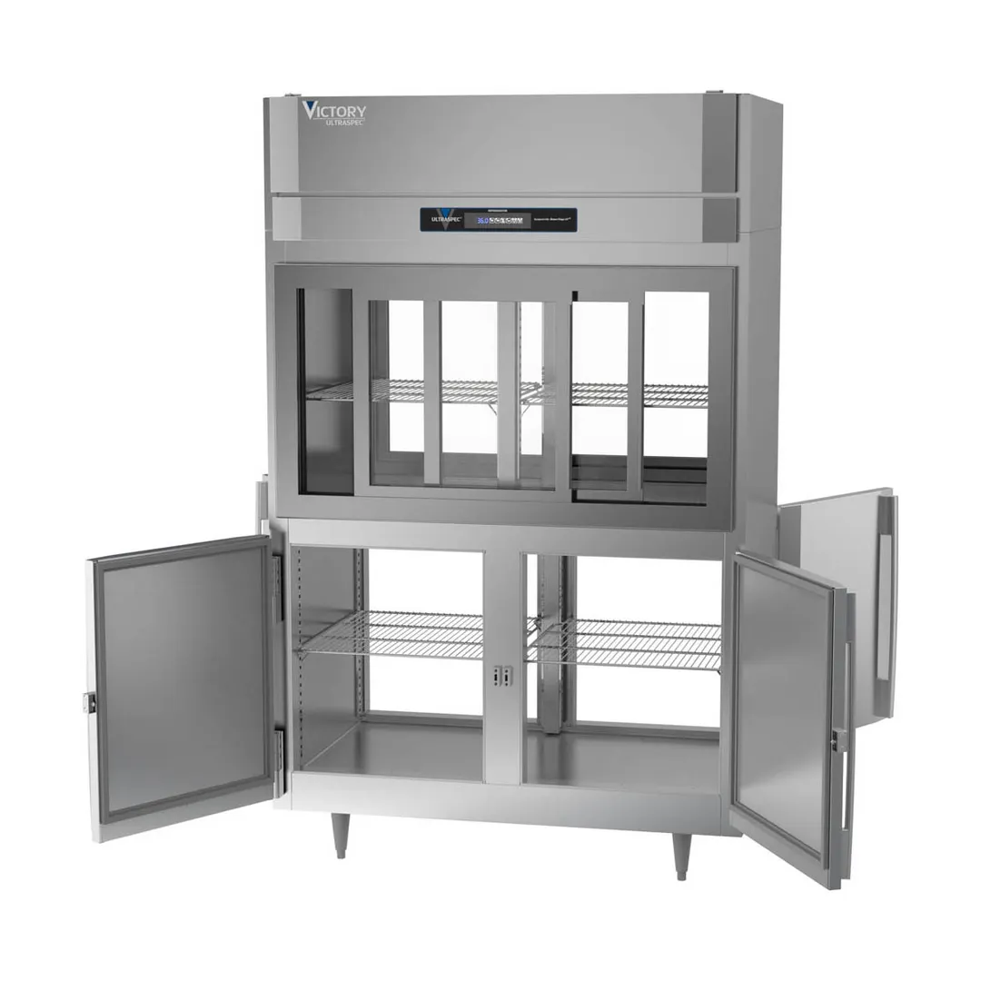 Victory DRS-2D-S1-PT-HD-HC 52" 2-Section Pass-Thru Refrigerator, 4 Glass Sliding & 4 Solid Hinged Half Doors, Stainless Steel, 48.5 cu ft