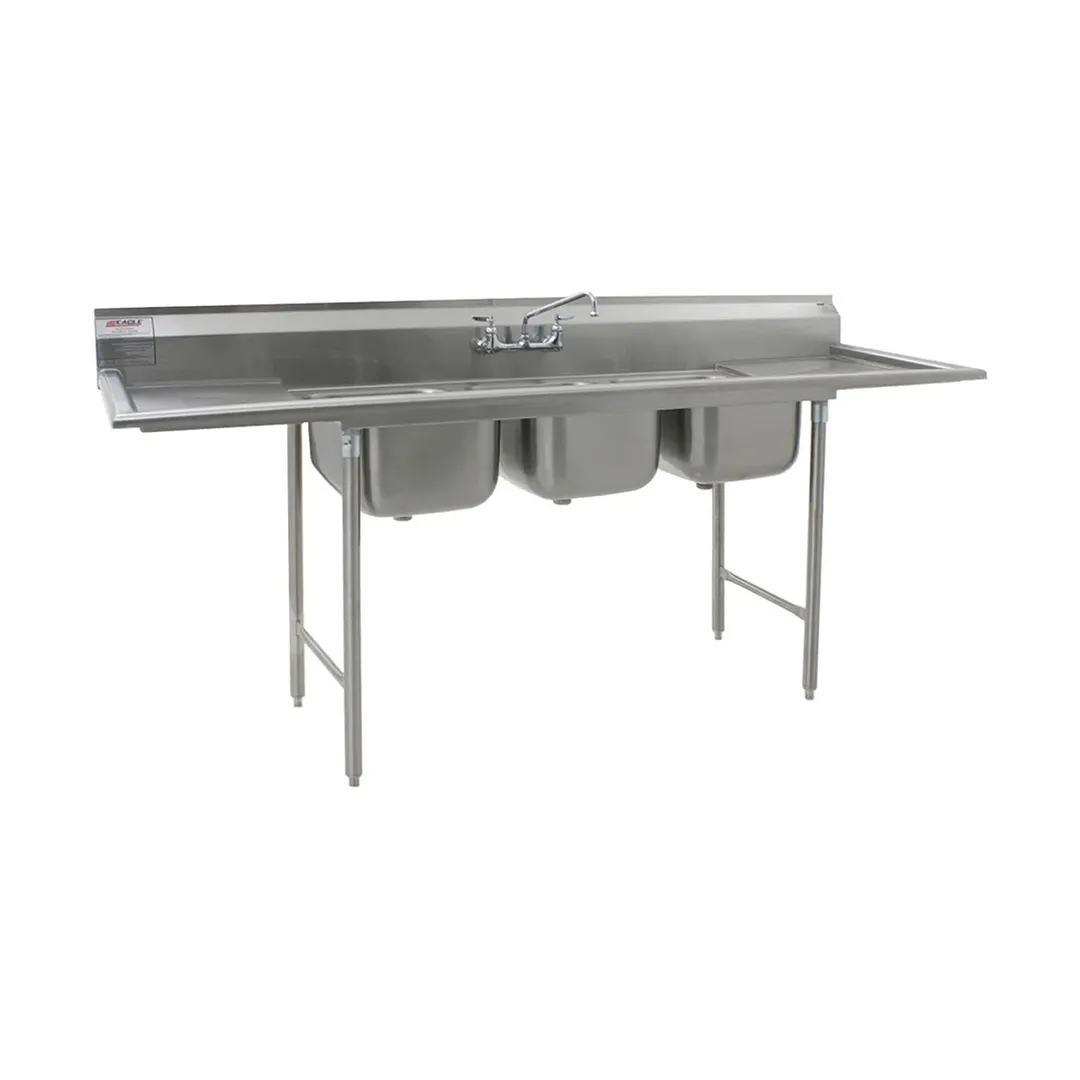 Eagle Group 414-24-3-24-X 126" Three Compartment Sink, 24"W x 24"L Bowl With 2 Drainboards