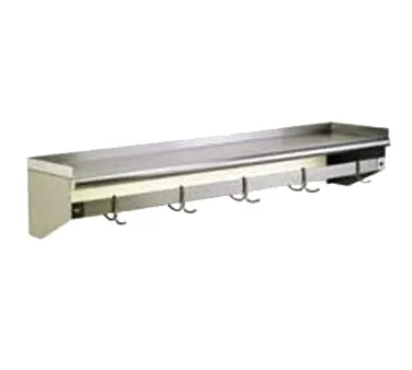 Eagle Group WSP1284, 84" Stainless Steel Single Bar Wall Mounted Pot Rack with Shelf and 7 Double Prong Hooks 