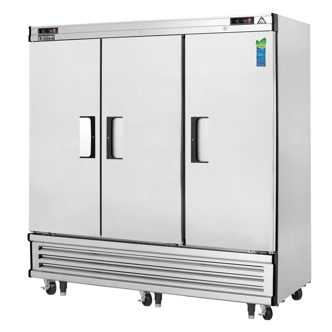 Everest EBRF3 74" 3 Section Reach-In Refrigerator Freezer Combo w/ 3 Solid Doors, Bottom Mount