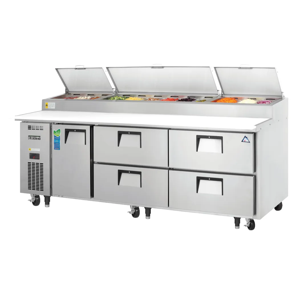 Everest EPPR3-D4 93" 3-Section Refrigerated Pizza Prep Table w/ 1 Door & 4 Drawers