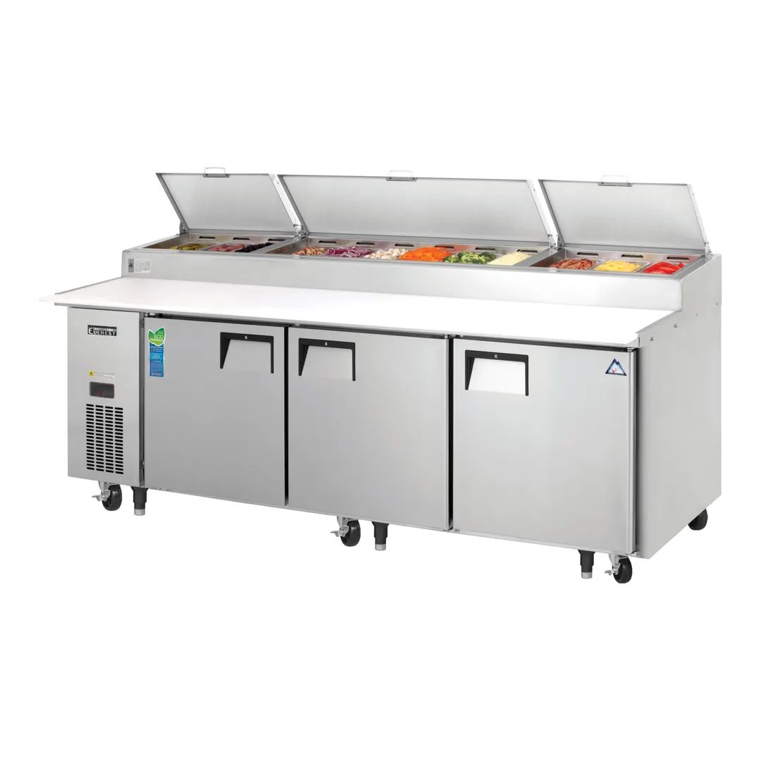 Everest EPPR3 93" 3-Section Refrigerated Pizza Prep Table w/ 3 Doors, (12) 1/3 Size Pans