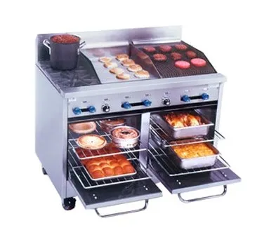 Comstock-Castle F3218-18-1.5RB 48" Gas Restaurant Range w/ (2) Open Burners, (1) 18" Griddle, (1) 18" Charbroiler, (2) Space Saver Ovens, 178.000 BTU