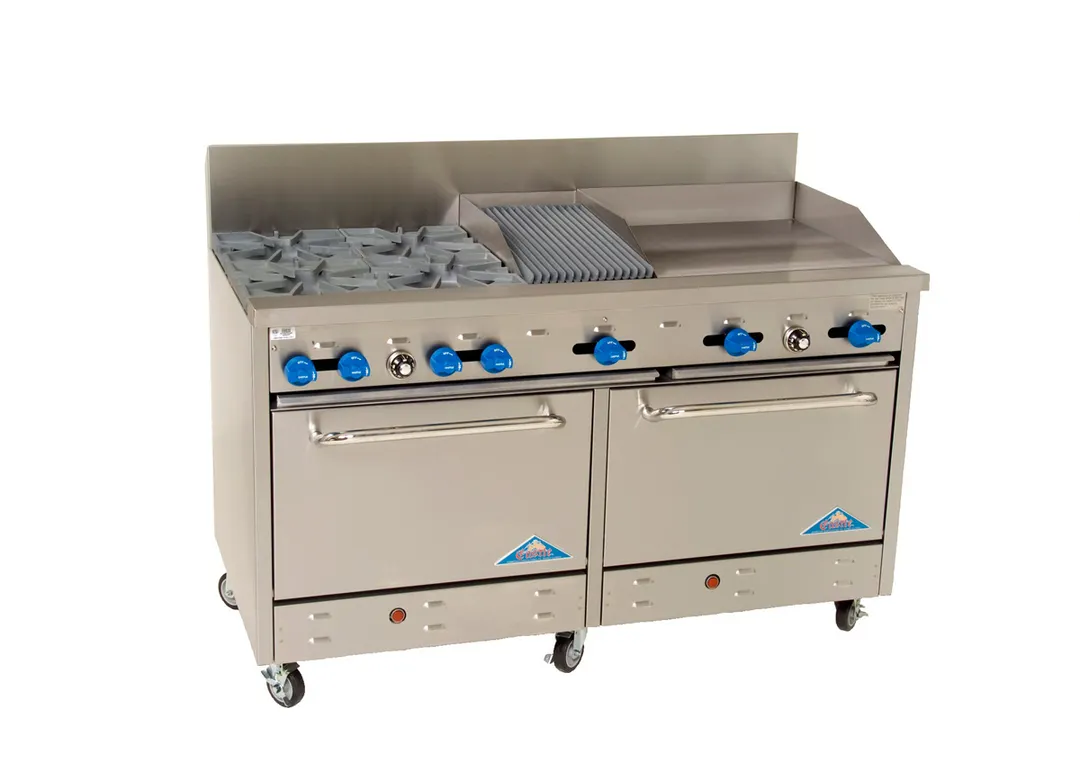 Comstock-Castle F3226-24-1RB 60" Gas Restaurant Range w/ (4) Open Burners, (1) 24" Griddle, (1) 12" Charbroiler, (2) Standard Ovens, 246.000 BTU