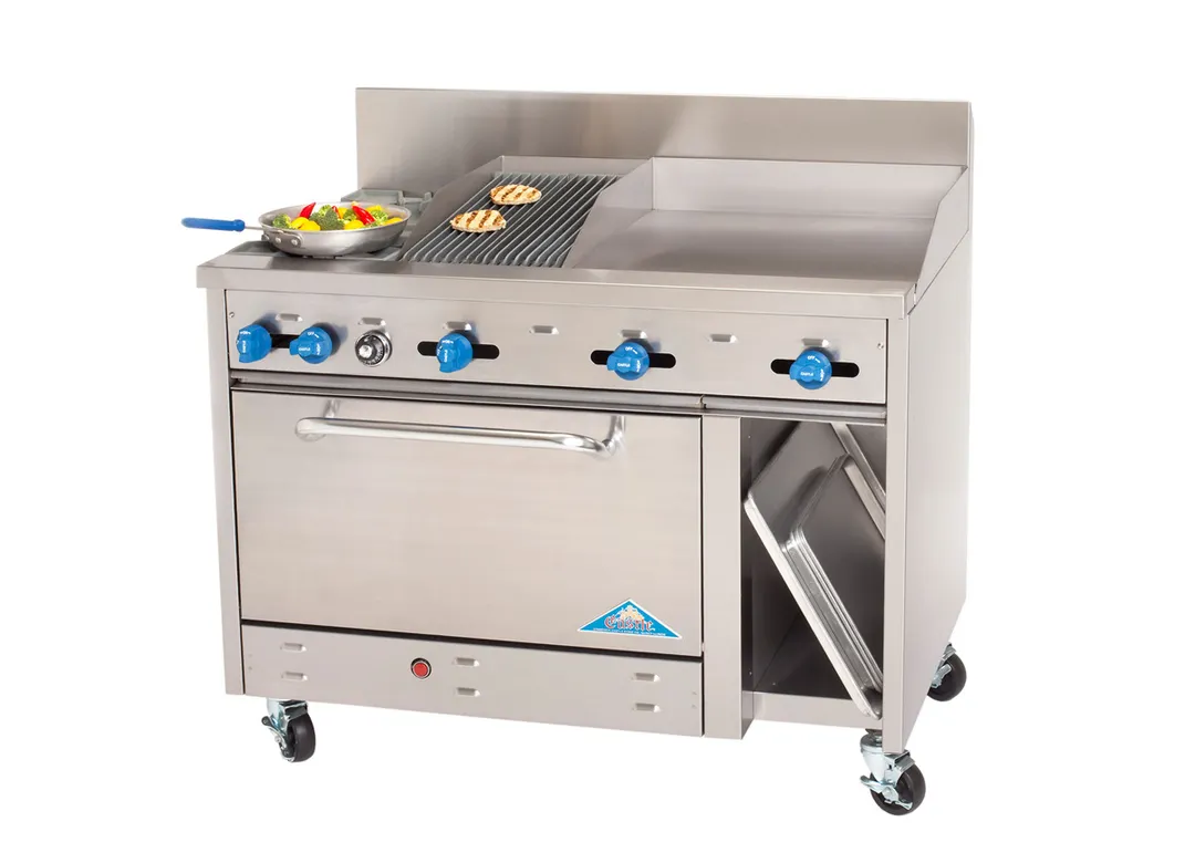 Comstock-Castle F3430-24-1RB 48" Gas Restaurant Range w/ (2) Open Burners, 24" Griddle, 12" Charbroiler, (1) Standard Oven, (1) Cabinet Base, 162.000 BTU